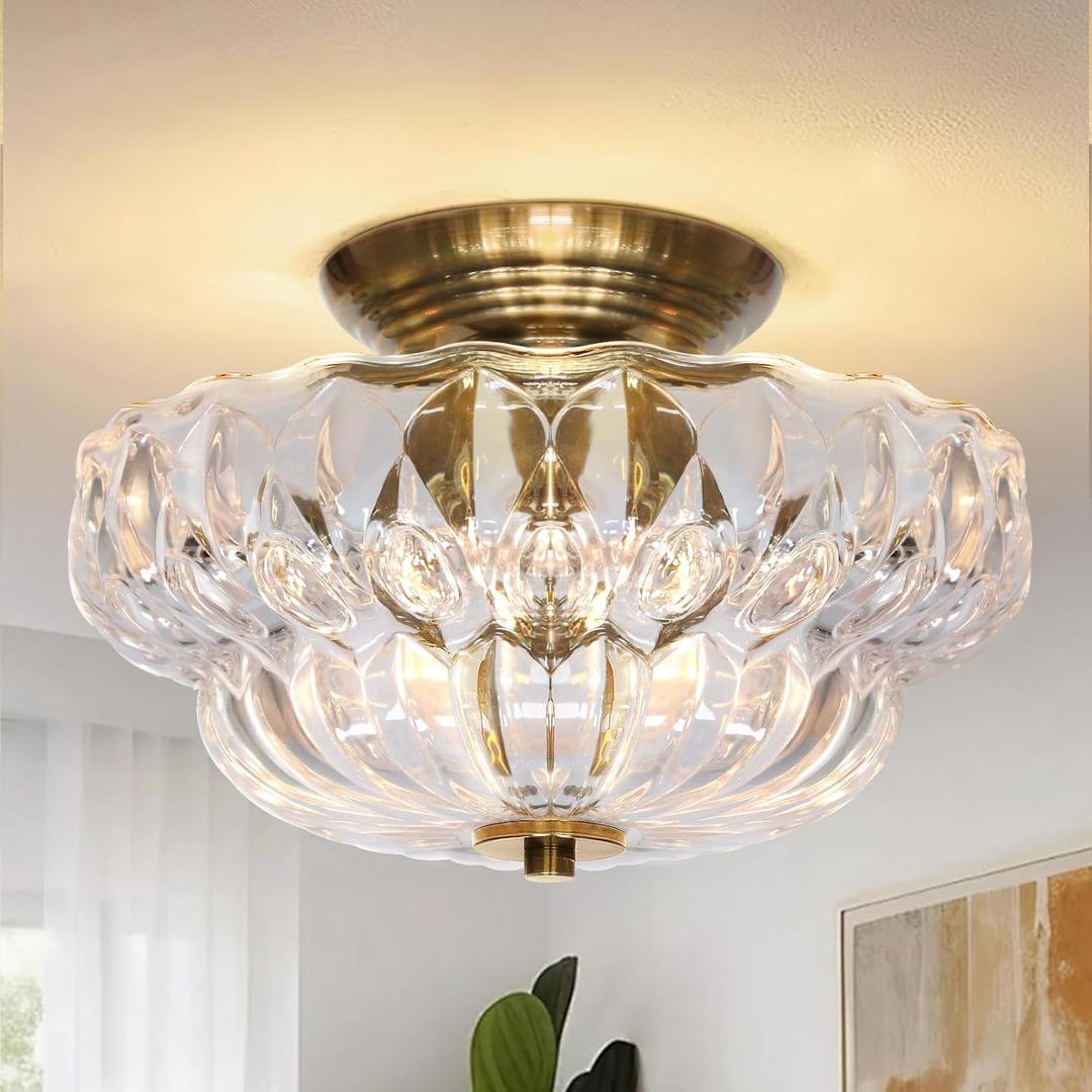 OYKYOHEI Semi Flush Mount Ceiling Light,11IN Vintage Gold Hallway Lights Fixture,3Bulb Globe Milk Glass Close to Ceiling Light for Bathroom, Hallway, Dining Room,Bulb Not Included