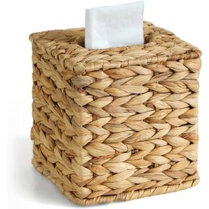 Wicker Tissue Box Cover, Rattan Tissue Box Holder Square, Boho Decorative Woven Water Hyacinth Cube Tissue Holders for Bathroom Living Room Kitchen (Natural)
