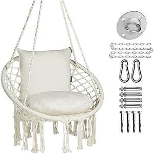 JoyView Macrame Chair Hanging Swing Chair Max 330 Lbs Hammock Chair with 2 Cushions and Hardware Kits Cotton Rope Chair for Indoor Outdoor Bedroom Patio Garden - Beige