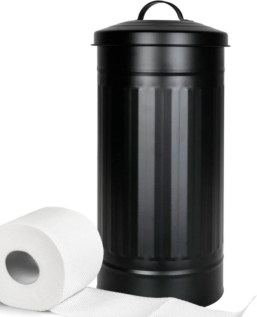 Autumn Alley Black Toilet Paper Holder Canister with Lid  Rustproof Free-Standing Farmhouse Metal Covered Toilet Paper Holder for Mega Rolls, Rustic Enclosed Toilet Paper Storage Stand