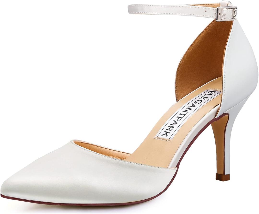 ELEGANTPARK Heels for Women Pointed Toe High Heel Pumps Satin Ankle Strap Wedding Bridal Evening Party Dress Shoes (6, Ivory)