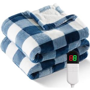 Electric Heated Sherpa Buffalo Plaid Christmas Throw Blanket with 8 Heating Levels & 8 Hours Auto Off, Fast Heating Warm Plush Washable Blanket with Over-Heat Protection, ETL Certification, Blue