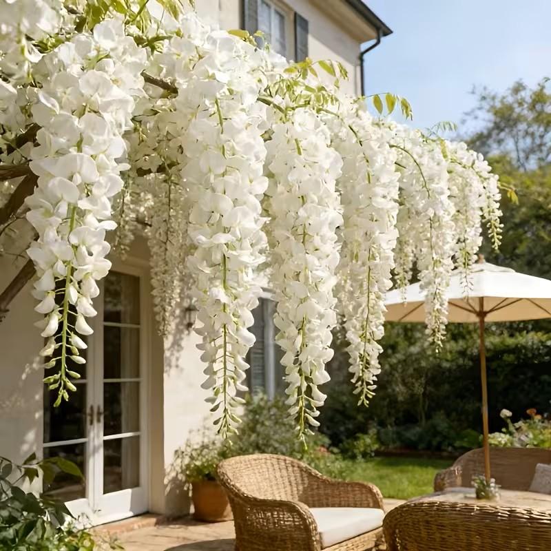 LFF 24 Branches White Wisteria Hanging Flowers, 4.58FT Fake Silk Wisteria Artificial Flowers, Faux Wisteria Garland for Wedding Arch, Party Backdrop, Home & Party Decoration (55 Inches Long)