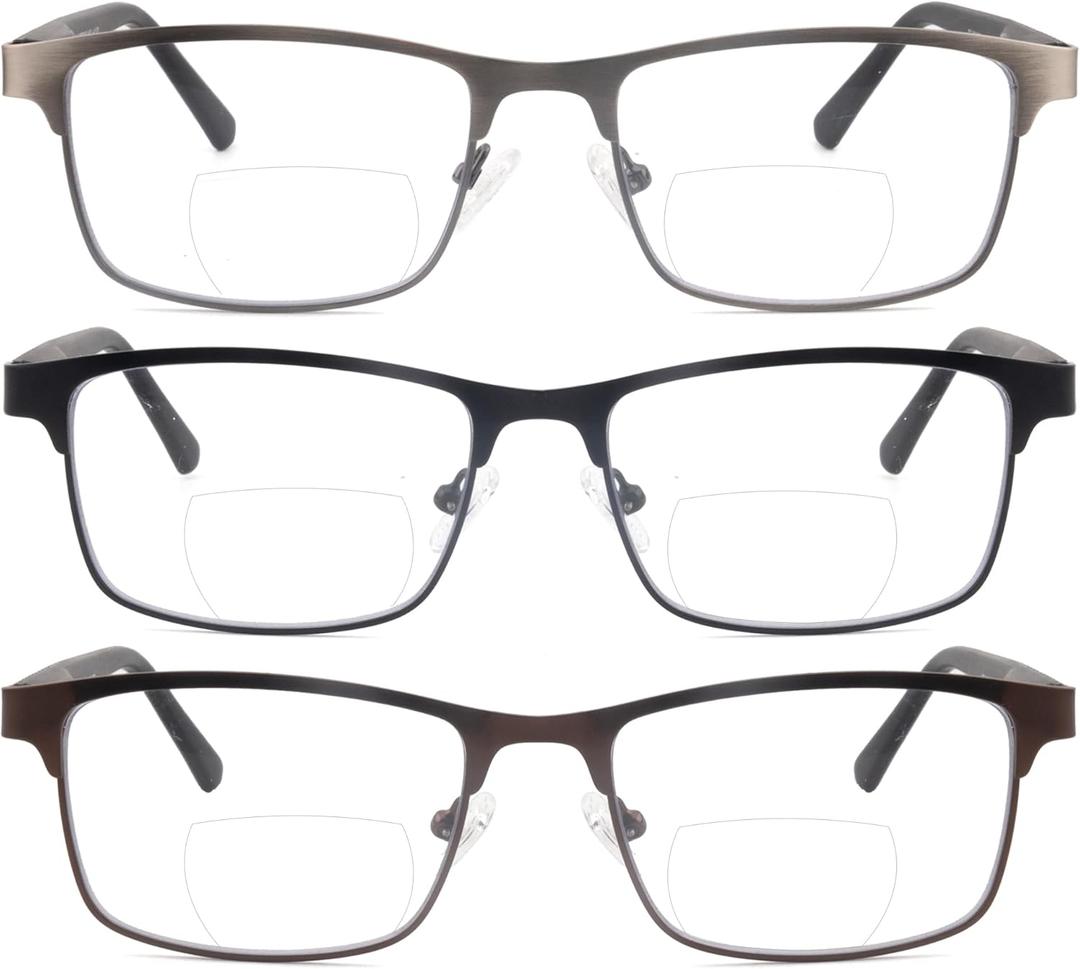 3 Pack Bifocal Reading Glasses for Men Metal Full Frame Bi-focal Readers Clear Top Far/Near Dual-use Eyeglasses,Black/Brown/Gun metal, +3.50