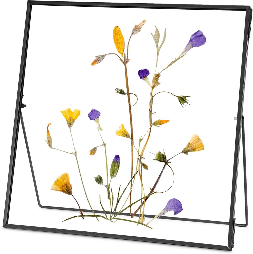 REDHUGO Double Glass Frame for Pressed Flowers Handmade, Tabletop Photo Frame for Floating Picture and Flower Press, Simple, Metal Geometric, Square, Black, 10x10 Inches (10L" x 10W")