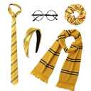 WooHand Wizard Costume Accessories for Girls and Women Striped Tie Scarf Headband Scrunchies Glasses for Halloween Cosplay College Party Dress Up Yellow