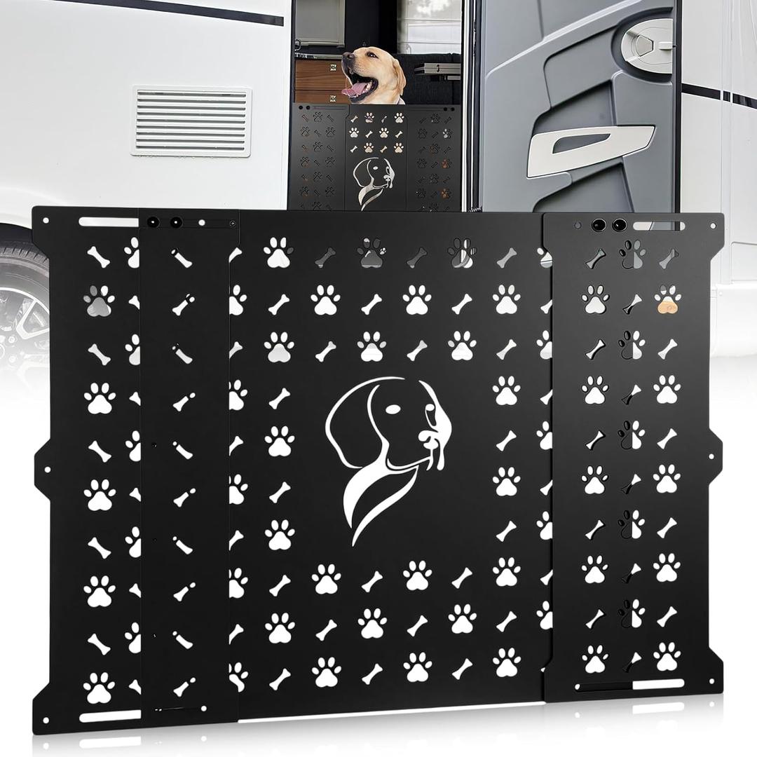 Gisafai 18'' High RV Screen Door Protector for Dogs, Adjustable Aluminum Guard Grille Fits 22"31.5" Wide Camper Entry Door, Dog Paw and Bone Cutouts, Pet Safety Barrier for RV Trailer Motorhome