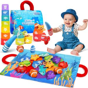 ZOOI Toddler Montessori Toys for 1-3 Year Old, 24PCS Cloth Fishing Game with Stacking Cups for Hand-Brain Coordination, Sensory Baby Toys 6-12 Months, 1-3 Year Old Girl Boy Birthday Gifts