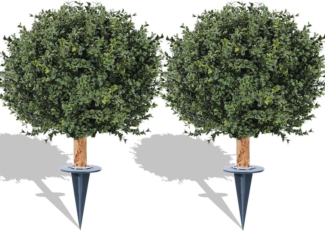 Artificial Boxwood Ball Bush 27" - 2 Pack UV Resistant Faux Shrubs with Spike, Indoor/Outdoor Decor for Garden, Yard, Porch, Patio, Planter - Easy to Install