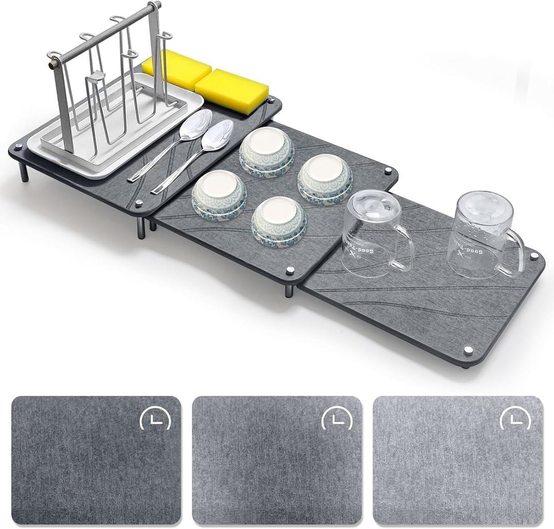 3Pcs Nesting Stone Drying Mat for Kitchen Counter, Quick Drying Stone Dish Drying Mat with Non-Slip Feet, Super Absorbent Heat Resistant Diatomaceous Earth Dish Drying Mat for Dishes, Bottles-Curve, Gray 
