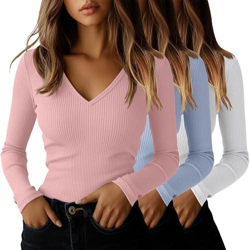 Ficerd 2 Pack Women's Long Sleeve T Shirts Cotton V Neck Slim Fit Tops Ribbed Knit Layering Casual Basic Tees 2025 Fall(White, Light Blue, Light Pink,Small) Size Small