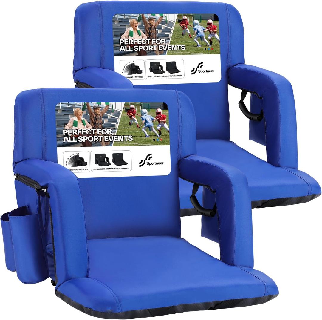 Sportneer Stadium Seats with Back Support: 2.5'' Thick Comfy Cushion 6 Adjustable Angle Bleacher Seat with Armrest - 2 Large Pockets, 2 Cup Holders Stadium Chair for Sport Events Concerts Parks (Non-Heated, Regular - 20.5", Blue, 2 Pack)