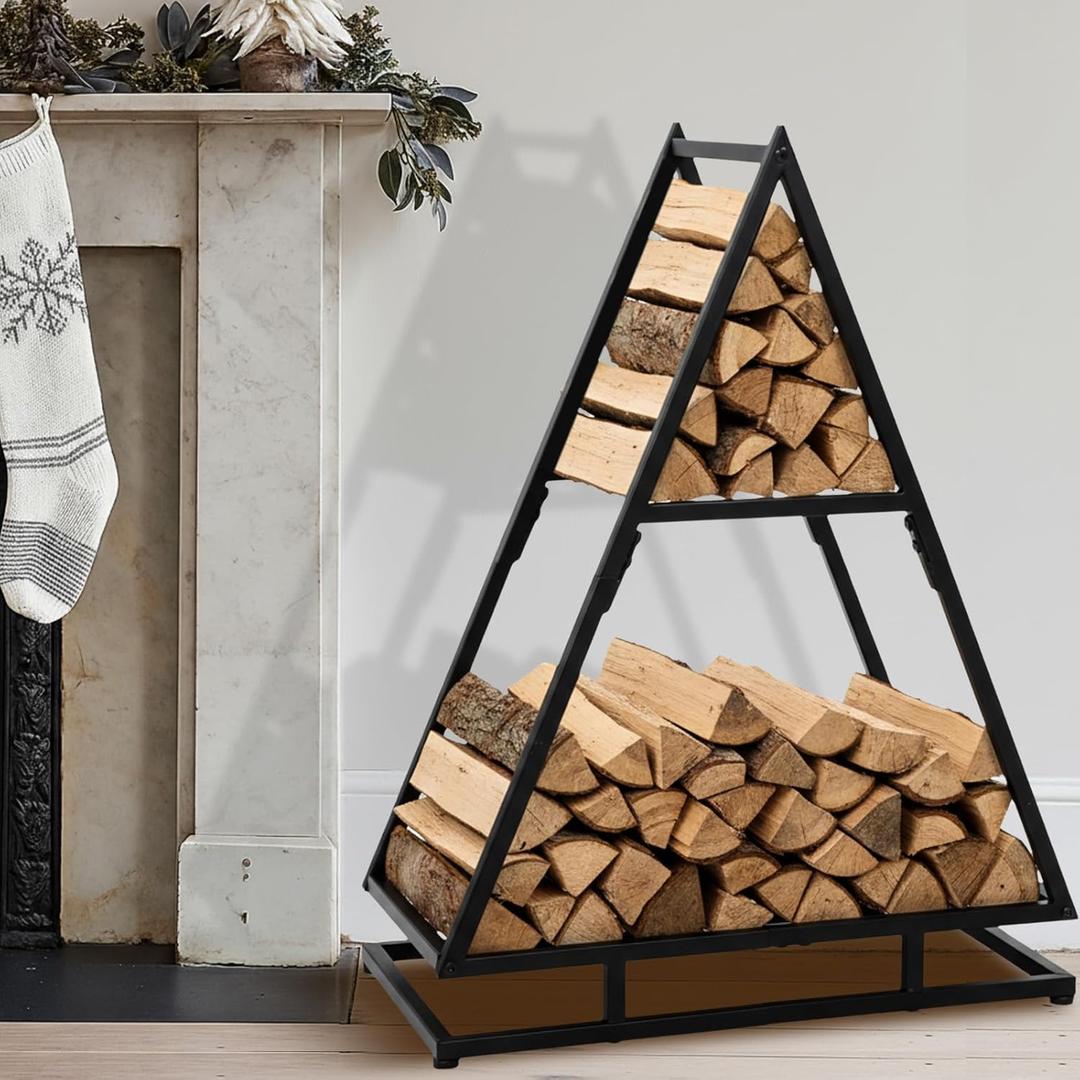 2-tier Firewood Rack Indoor winter Tree Log Holder 30 Inch (H) Heavy Duty Metal Firewood Storage Holder Stacker Organizer for Outdoor winter Fireplace Farmhouse Decor Housewarming Gift