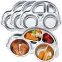 Tioncy 4 Pcs Stainless Steel Kids Plates 4 Sections Divided Unbreakable Dinner Plates Cute Car Shape bowls for Babies, Toddlers and Kids Lunch, Portion Control, Camping
