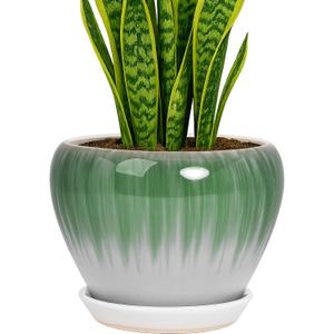 Deep Dream 8 Inch Plant Pots- Ceramic Pots for Plants with Drainage Hole and Saucer, Large Planter Pot for Indoor Plants Outdoor Decor, White&Green
