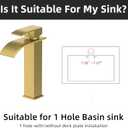 Rywuanku Tall Brushed Gold Bathroom Faucet Waterfall Spout, Single Handle Sink Faucet with Pop-up Drain & Deck Plate, Modern 1 Hole Vanity Faucet for Vessel Sink