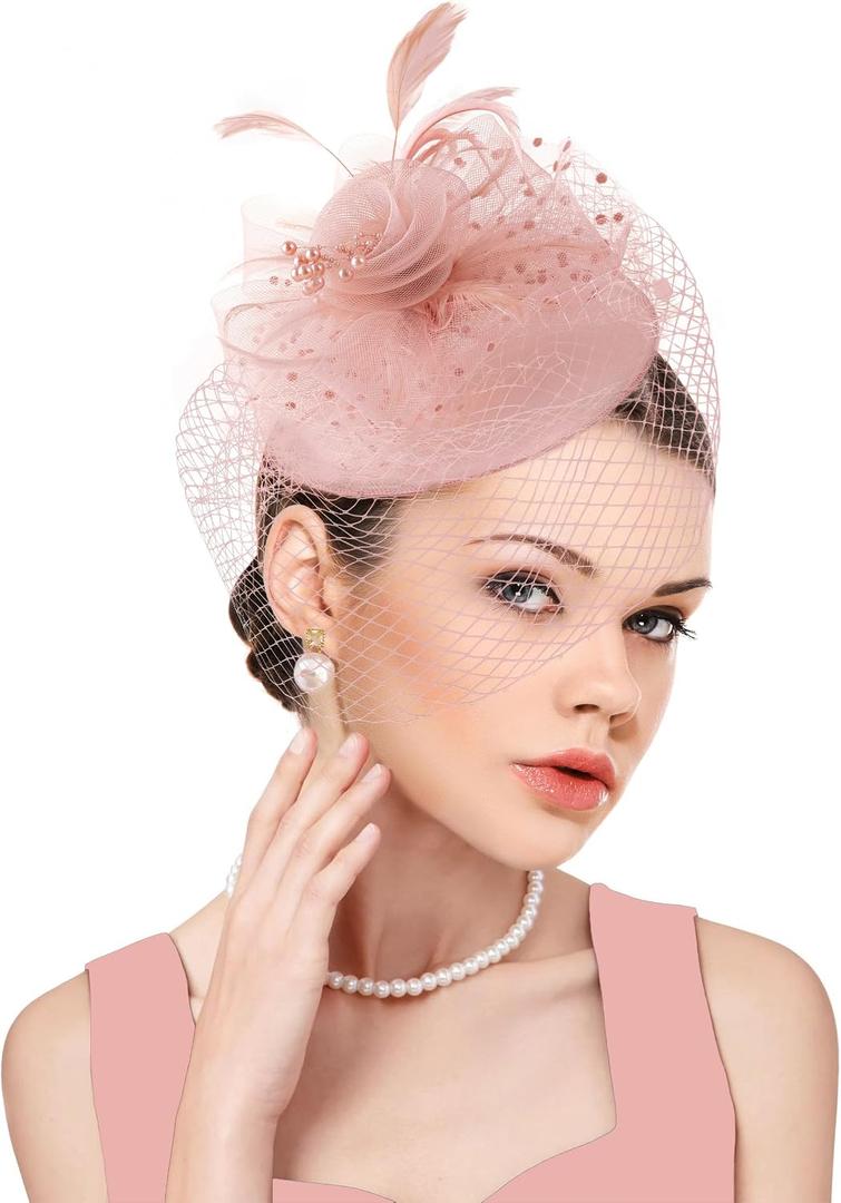 dressfan Fascinator Hat Womens Vintage Wedding Veil Hat 20s Hair Accessories for Derby/Wedding/Cocktail/Tea Party (Pink)