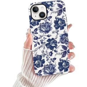 Cute Retro Blue Flowers Floral Phone Case for iPhone 13 / iPhone 14 Case 6.1", Coquette Trendy Pattern Print Design Phone Cover Hard PC Shockproof Soft TPU 2-in-1 Matte Funda for Girls Women