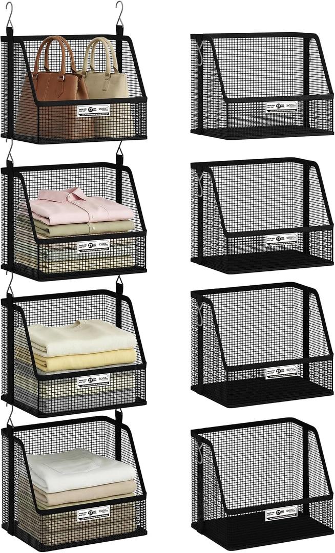 STORAGE MANIAC 4 Tier Hanging Closet Organizer with Mesh Baskets, Clothes Hanging Shelves, Foldable Stackable Storage, Space-Saving Collapsible Basket with Hooks for RV, Dorm, Bedroom, College, Black