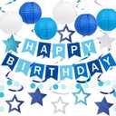 Happy Birthday Decorations, Blue Birthday Party Decorations Set with Happy Birthday Banner, Paper Lanterns, Star Swirl Hanging Decorations & Circle Dots Garland