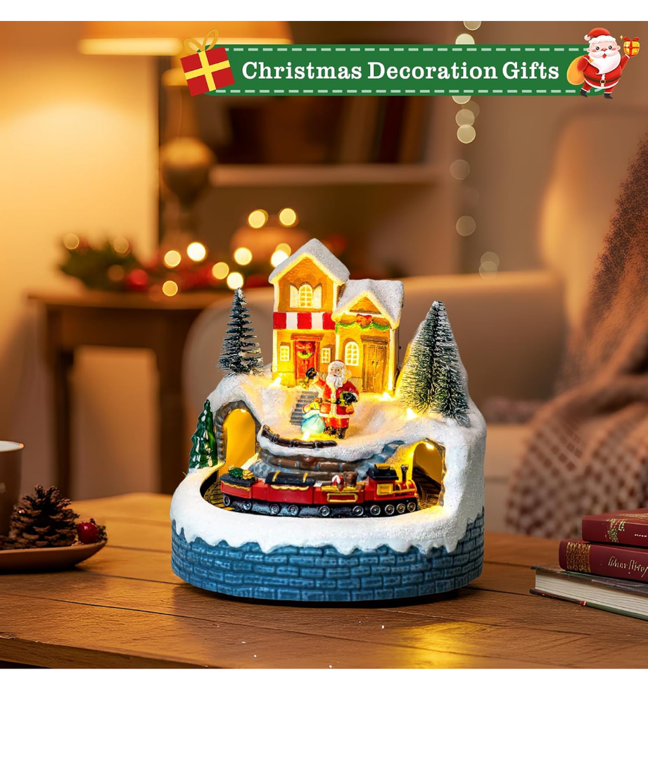Animated Collection Figurines Musical Santa Clau Christmas Village Houses with Rotating Train, Lighted Christmas Collection Figurines for Home Tabletop Decorations Ornaments Gifts