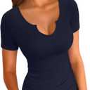 VICHYIE Womens Tops V Neck Summer Short Sleeve Casual Slim Fitted Tshirt (Small)
