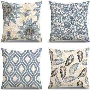 MEHOFOND Blue Floral Pillow Covers 18x18 Inch Set of 4 Boho Leaf Throw Pillow Covers Modern Abstract Art Plant Outdoor Decor Farmhouse Pillowcase Cushion Case for Sofa Couch