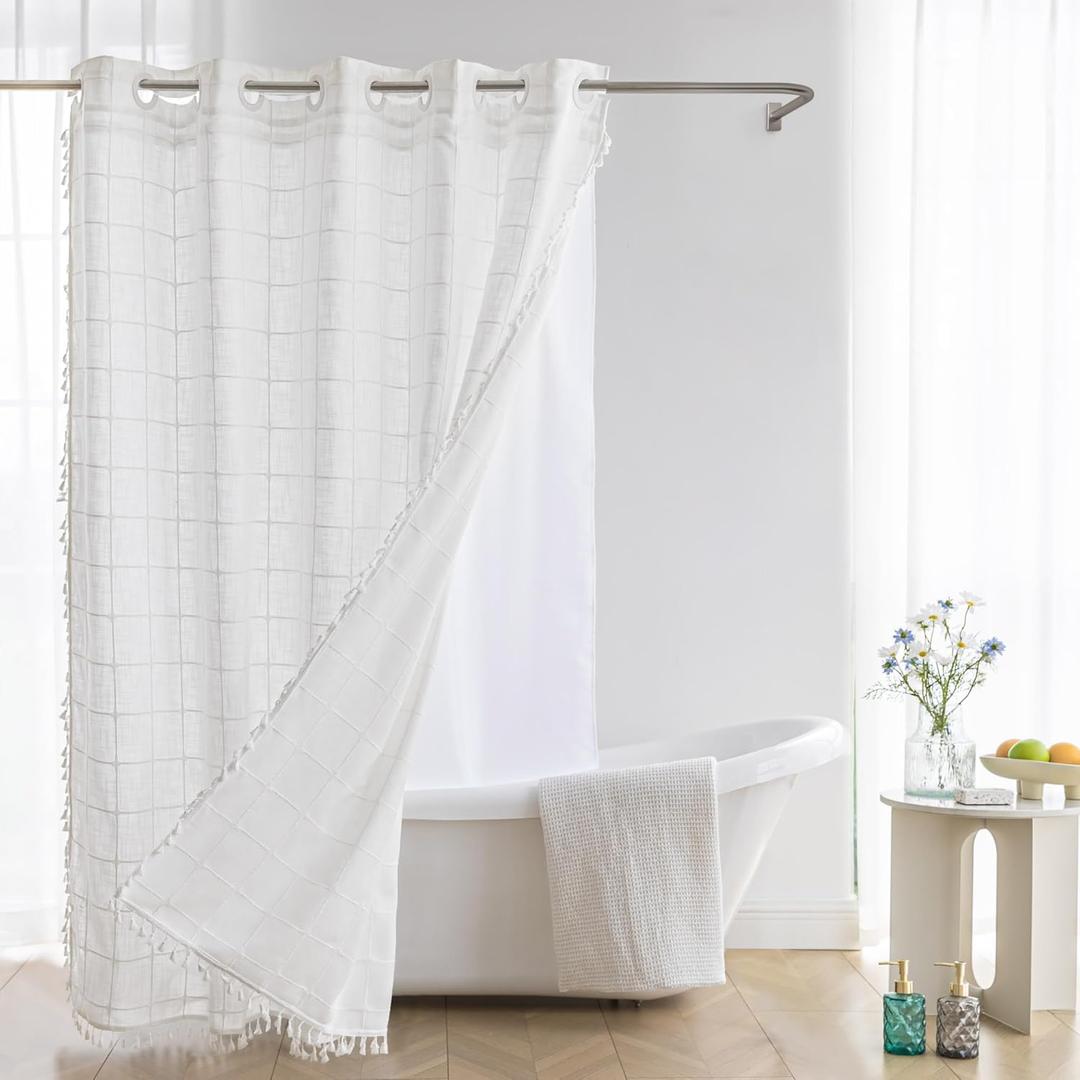 Farmhouse Shower Curtain with Snap-in Liner,No Hooks Needed,Boho Fabric Shower Curtains with Tassels for Rustic Neutral Bathroom Decor,with Magnets,Water Repellent&Machine Washable,White,71x74Inch