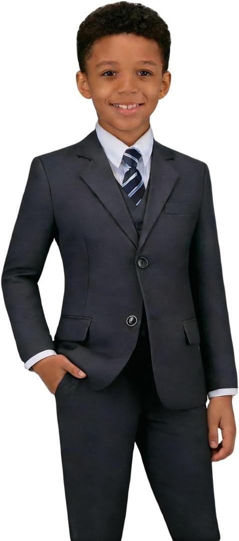 Boys' Formal Suit Set Adjustable Waist Suits for Boy Toddler Wedding Ring Bearer Dress Clothes Dark Grey 5pc, 10Years