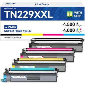 LinkDocs TN229XXL Super High Yield Compatible Toner Cartridge Replacement for Brother TN-229 TN229 TN229XL TN-229XXL ( Print up to 4,500 Pages per Black, up to 4,000 Pages per Cyan/Magenta/Yellow)