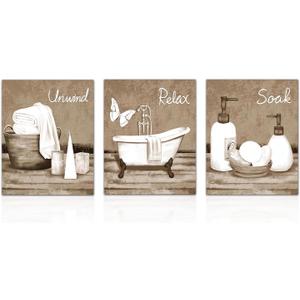Dazzlewall 3pcs Vintage Bathroom Wall Art Decor, Beige White Bathtub Spa Accessories Canvas Picture Prints Bathroom Toilet Decor, 8x10 in Unframed