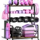 Dumbbell Rack with Wheels, 3-Tier Home Gym Storage Rack, Workout Equipment Organizer with Lockable Casters, Hooks, Side Basket and Wood Shelves