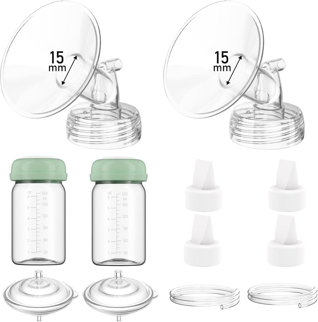 Breast Pump Parts Compatible with Spectra S1/S2/9 Plus/Synergy Gold, Full Set Replacement Parts for Spectra Include 15mm Flange, Duckbill Valve, Backflow Protector, Tubing, Bottle, Not Original Parts