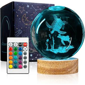 3D Sea Turtle Crystal Ball Night Light with Woodern Base, 3.15 Sea Turtle Glass Ball Lamp 16 Colors with Remote Control Sea Turtle Figurines Cool Desk Decor Sea Turtle Gifts for Kids Friends Birthday