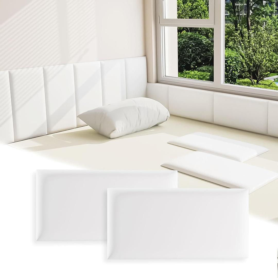 3D Anti-Collision Wall Padding for Kids, White Peel and Stick Headboard Pack of 6 Panels Sized 7.8" x 15.7", Self-Adhesive Panels for Bedroom/Living Room Upholstered Wall
