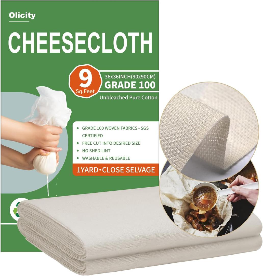 Olicity Cheese Cloths, Grade 100, 36x36Inch, Reusable Cheese Cloth with Closed Edges Fabric Fine Mesh Cloth, Unbleached Cotton Muslin Cheesecloth for Straining, Cooking, Yogurt, Herbs,Crafts - 9 Sq.Ft