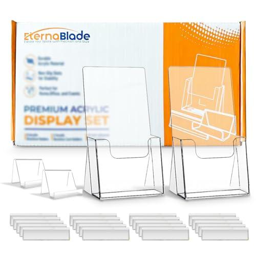Acrylic Brochure Holder and Business Card Holder 2 Pack with 20 Self Adhesive Label Holders, Acrylic Display Stands for Countertops, Clear Plastic Flyer Holder for Magazines Pamphlets Booklets