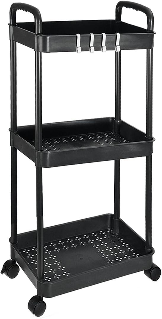 PATIKIL 3-Tier Rolling Utility Cart with Handle, Storage Shelves Organizer Cart Movable Storage Organizer with Wheels for Room Office Kitchen Bathroom, Black