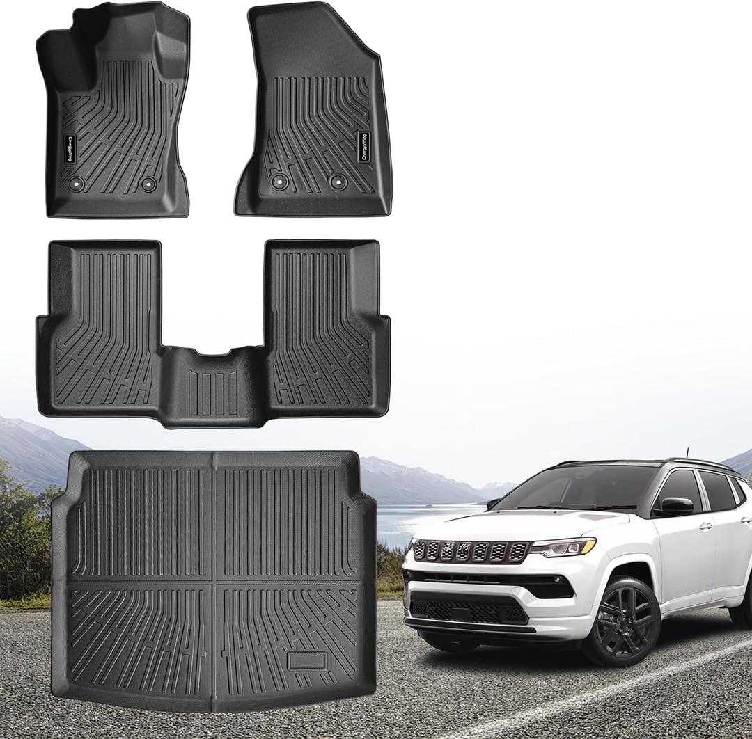 All Weather Car Floor Mats for 2017-2026 Jeep Compass, Custom Fit TPE Floor Liners 1st & 2nd Row with Trunk Cargo Mat, Heavy Duty Waterproof Car Mats, 4-Piece Full Set (Black)