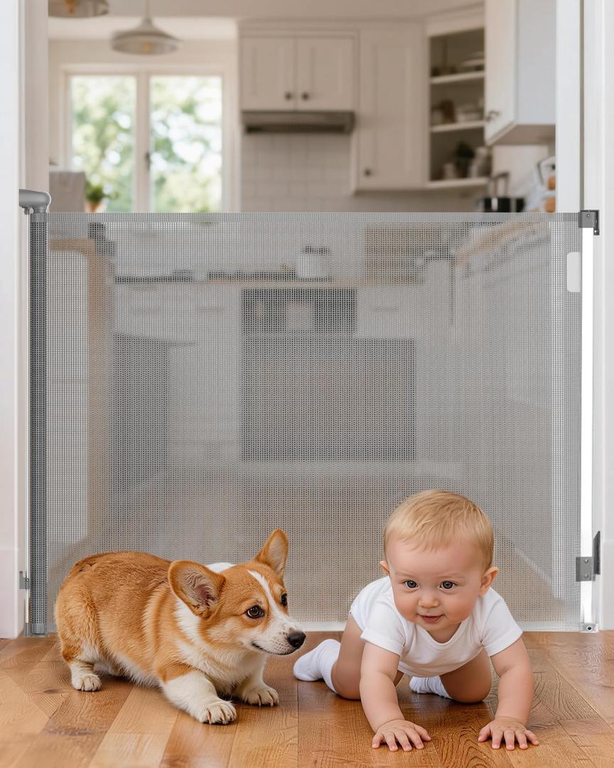 Retractable Baby Gate 38" Tall, 71" Wide Mesh Baby Gate for Doorways, Mesh Dog Gate Retractable with Auto-Tighten System, One-Hand Operation Indoor Pet Gate, Gray