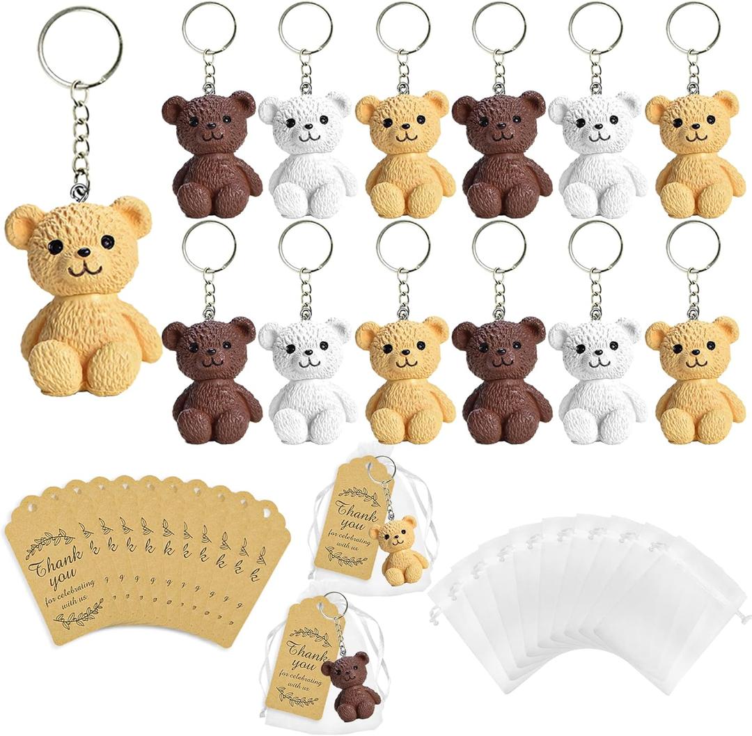 12 Set Bear Party Favor Bear Keychains with Organza Bags Thank You Tags For Baby Shower Bear Theme Party Return Favors Supplies