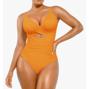 SHAPELLX Tummy Control Swimsuits Women V Neck One Piece Bathing Suit Ruched Push Up Slimming Swimwear Built-in Bra XL