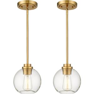 Brass Pendant Lights Kitchen Island 2 Pack, Farmhouse Gold Pendant Light with Clear Glass Globe Shade, Kitchen Island Lighting for Dining Room Entryway, AD-22280-1P2-GD-C