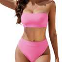 YACUN Women's High Waisted Bikini Swimsuit Two Piece Strapless Bandeau Cheeky Bathing Suits (Small, Pink)