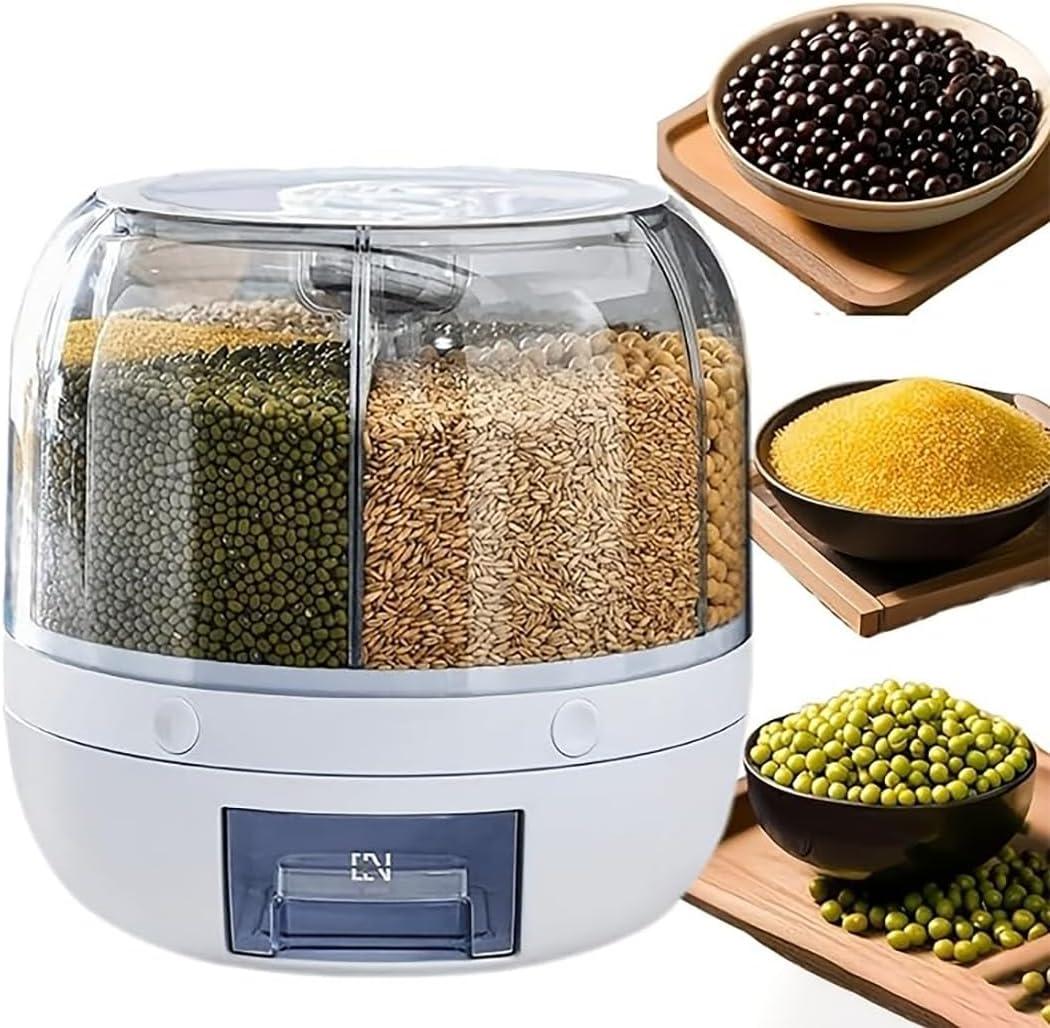 Rotating Grain Storage Bin 6 Grids Rice Container One-Click Output Large Capacity Food Dispenser For Rice Grains Sealed Moisture Proof Organizer (Large)