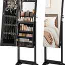 SONGMICS Mirror Jewelry Cabinet Standing Armoire Organizer, Jewelry Storage with Full-Length Frameless LED Lights, Built-in Makeup Mirror, 2 Drawers, Lockable, Black UJJC023B01