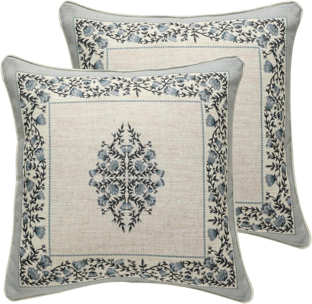 ISAENNE Design Linen Square Throw Pillow Covers 18"x18" Pack of 2, Cottage Farmhouse Cushion Covers with Blue Grey Thorn Vine Pattern Decoration Pillowcases for Bed, Living Room, Outdoor, Car