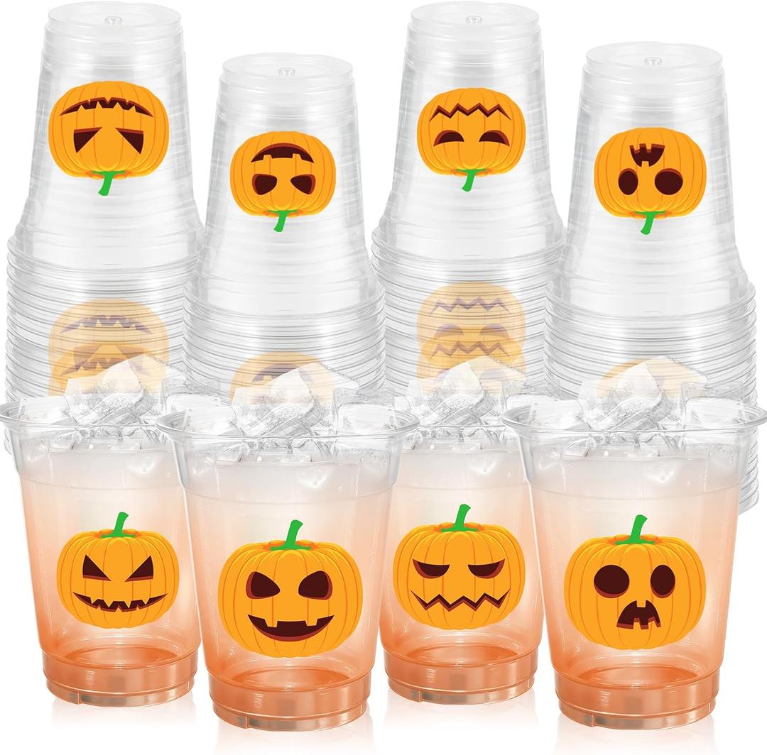 ABURRORI 50 Pcs 12OZ Halloween Plastic Cups,Halloween Party Decorations Cups Clear Orange Pumpkin Printing Cup Juice Soda Beverage Birthday Party Favors For Themed Birthdays Supplies