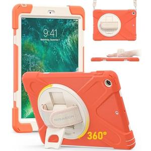 BRAECN Case for iPad 6th/5th Generation 9.7 inch 2018/2017, Protective Heavy Duty Shockproof Cover for Kids/Adults, 360° Rotating Hand Strap/Stand & Detachable Shoulder Strap, Coral Orange