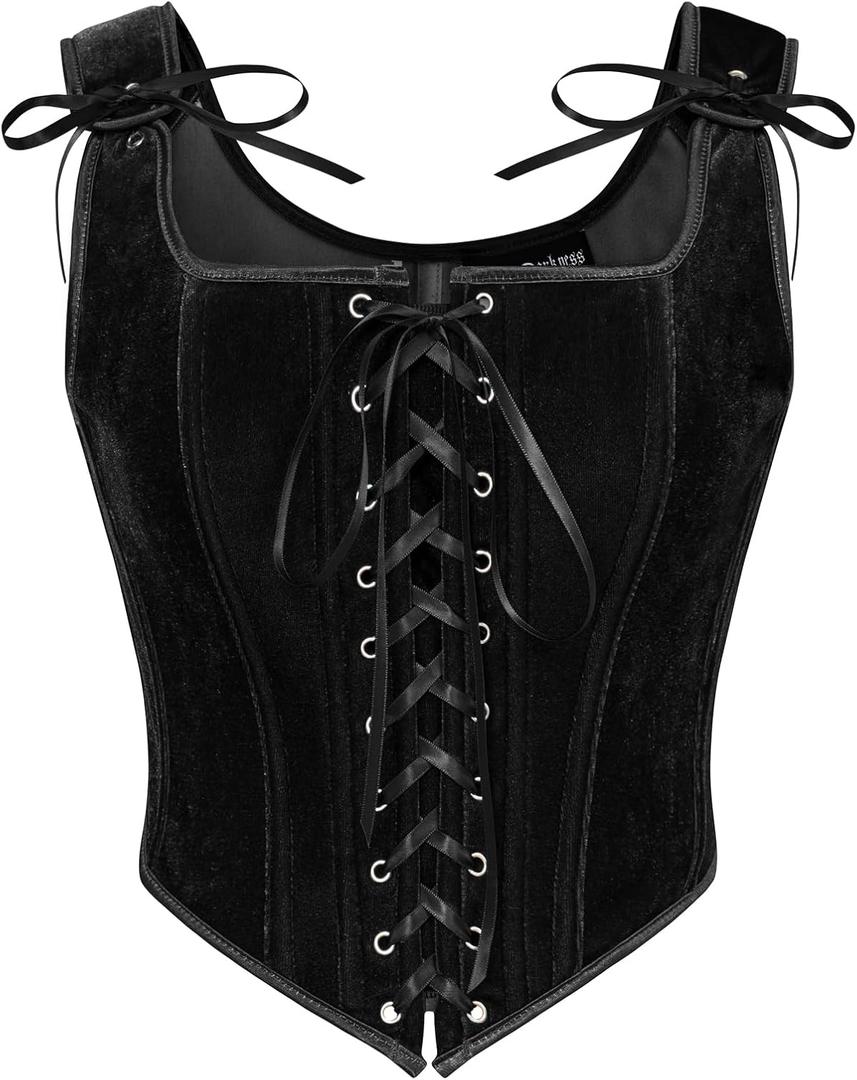 SCARLET DARKNESS Renaissance Corset Tops for Women Pirate Lace Up Overbust Velvet Bustier Bodice (16, Black)